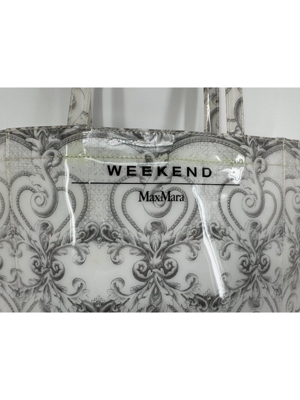 Vintage Max Mara Weekend Grey Damask Toile Print Plastic PVC Tote Bag Handbag